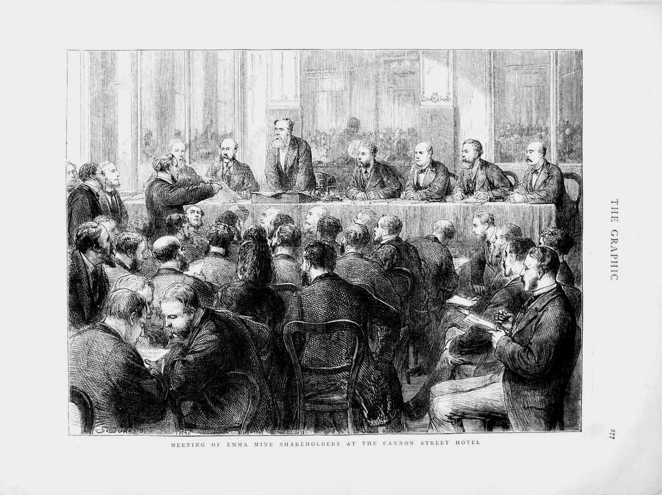 Original Old Antique Print 1873 Meeting Emma Mine Sharehers Cannon Street Hotel