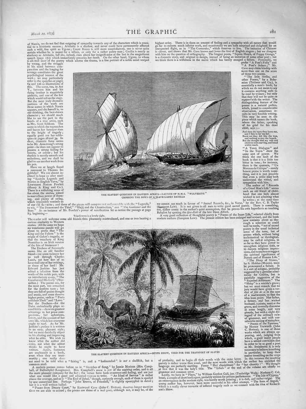 Old Antique Print 1873 Slavery Africa Wolverine Ship Batilla Mtipe Dhow 19th