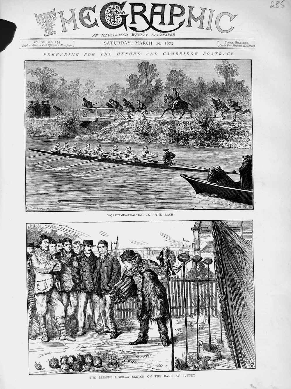 Original Old Antique Print 1873 Oxford Cambridge Boat Race Sport Putney River