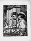 Original Old Antique Print 1873 Cuba Street Scene Romance Lady Fan Window Man