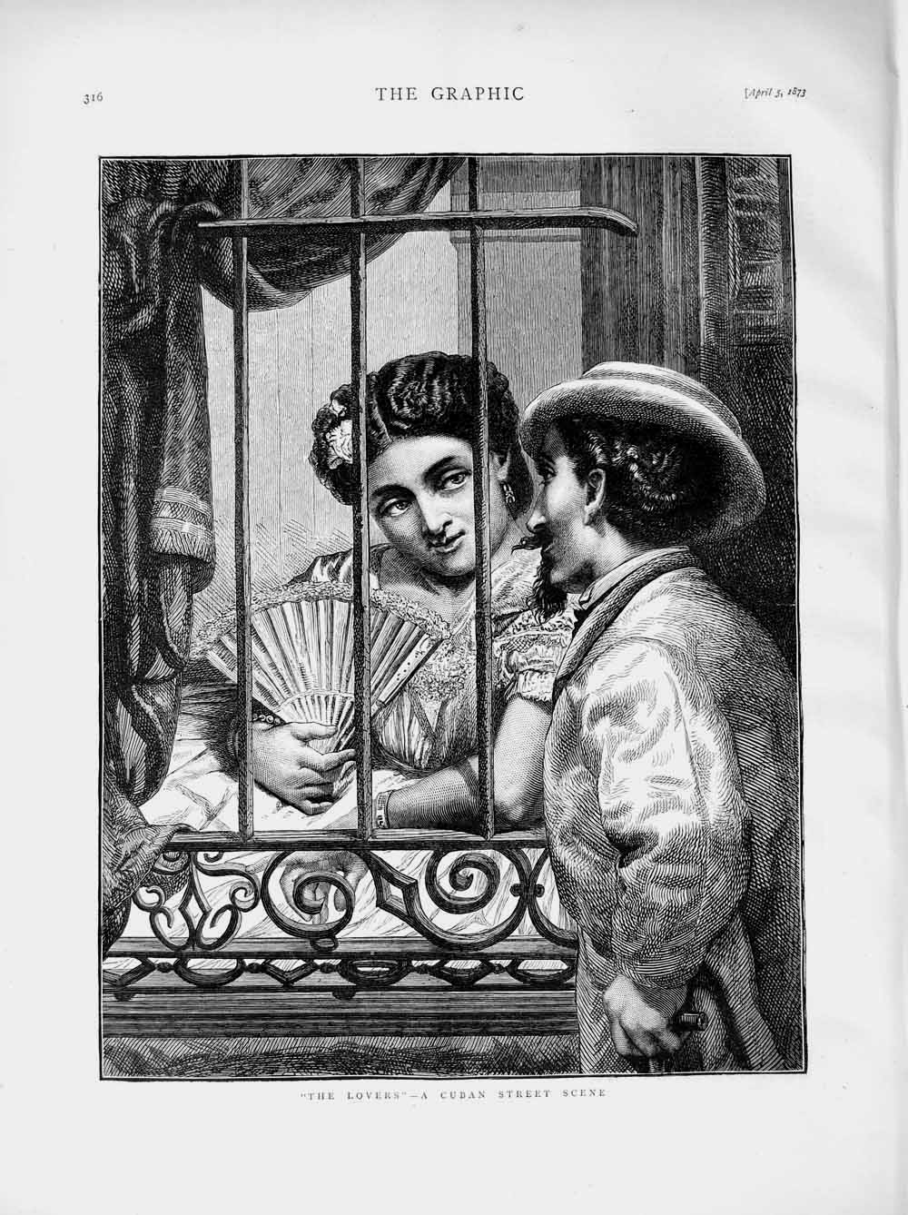 Original Old Antique Print 1873 Cuba Street Scene Romance Lady Fan Window Man