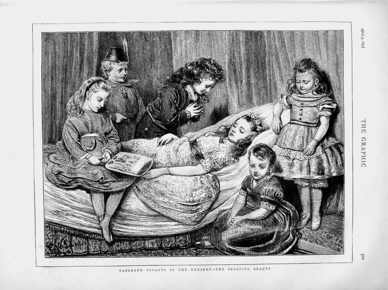 Old Antique Print 1873 Tableaux Vivants Nursery Sleeping Beauty Children 19th