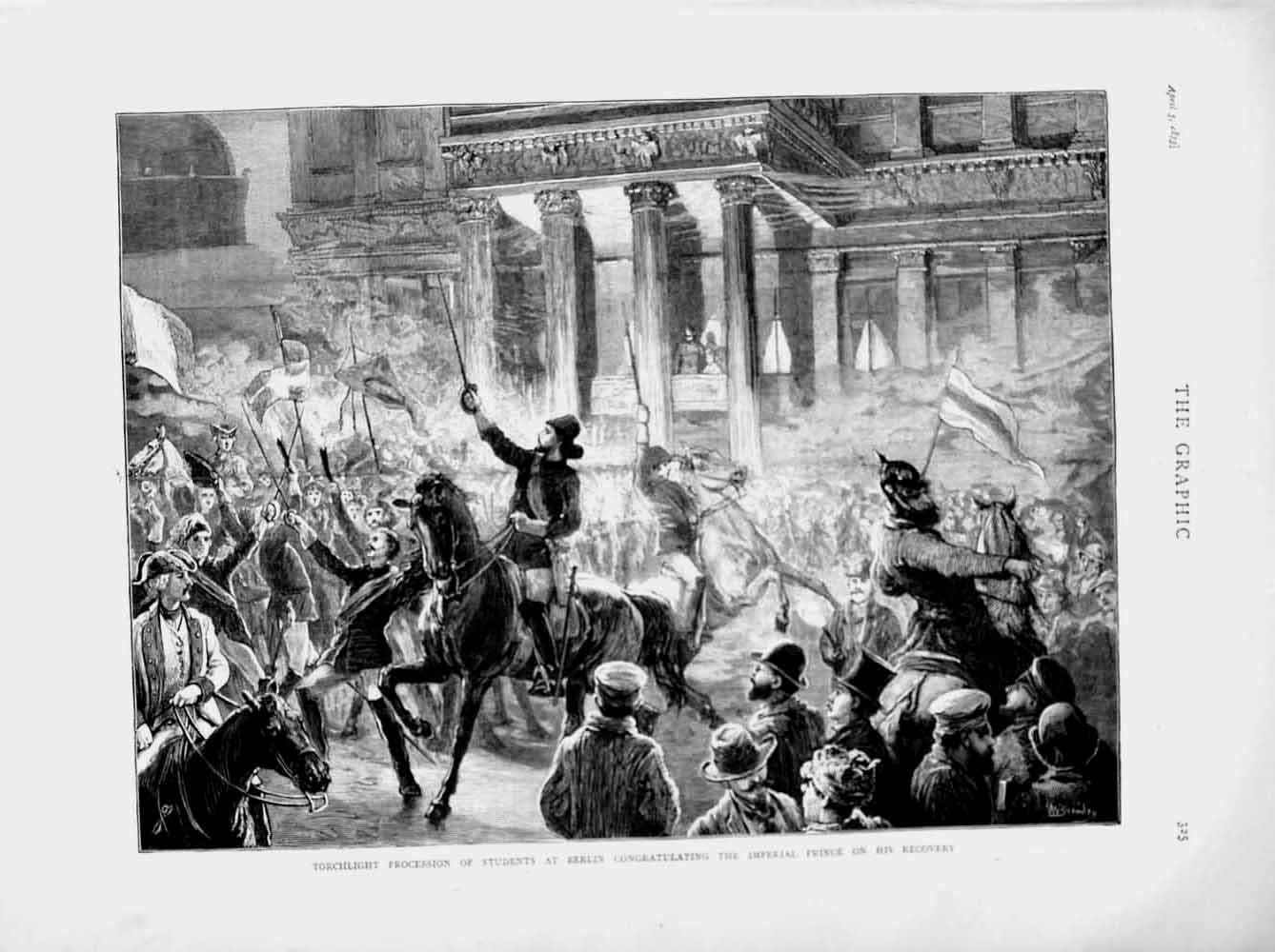 Old Antique Print 1873 Students Berlin Imperial Prince Procession Horses 19th