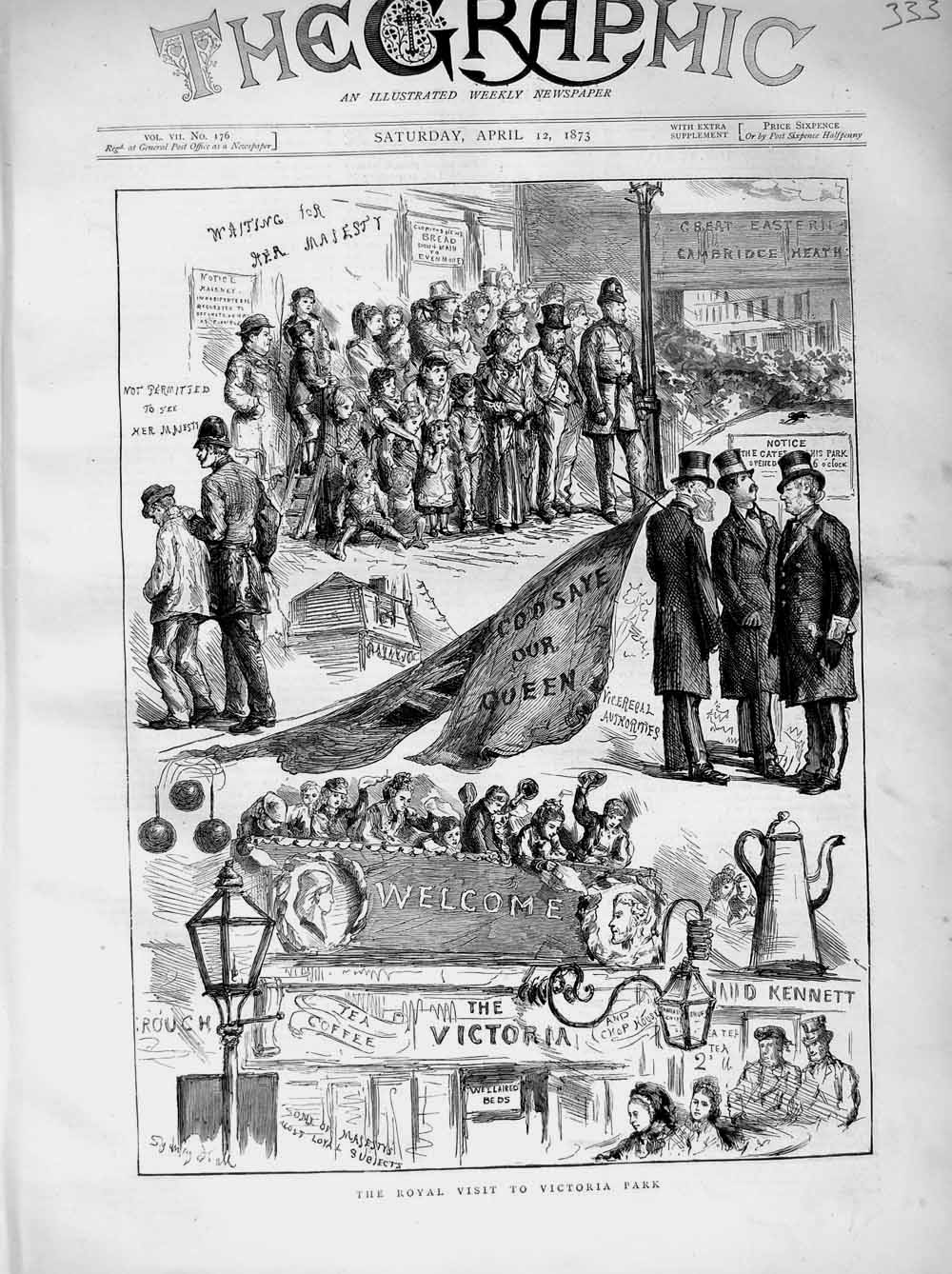 Old Antique Print 1873 Royal Visit Victoria Park Queen Policeman People 19th