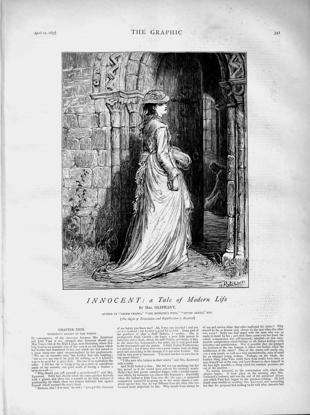 Original Old Antique Print 1873 Illustration Story Innocent Lady Chapel Door