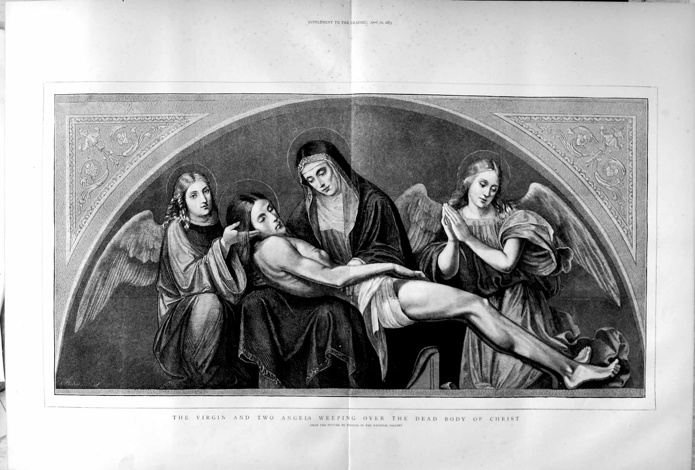 Antique Old Print 1873 Virgin Angels Weeping Dead Body Christ Francia Art 19th