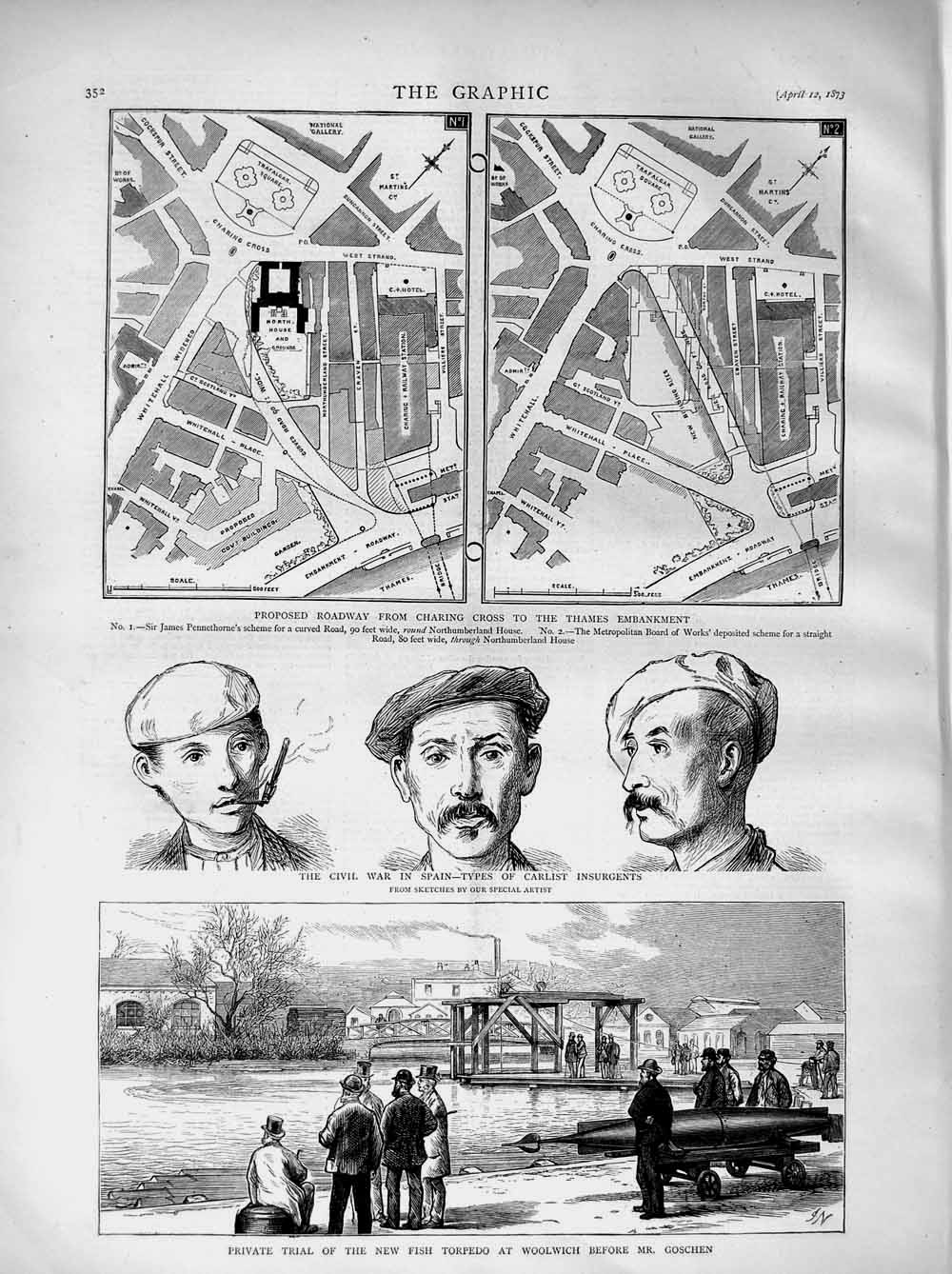 Old Antique Print 1873 Carlist Torpedo Woolwich Goschen Charing Railway 19th