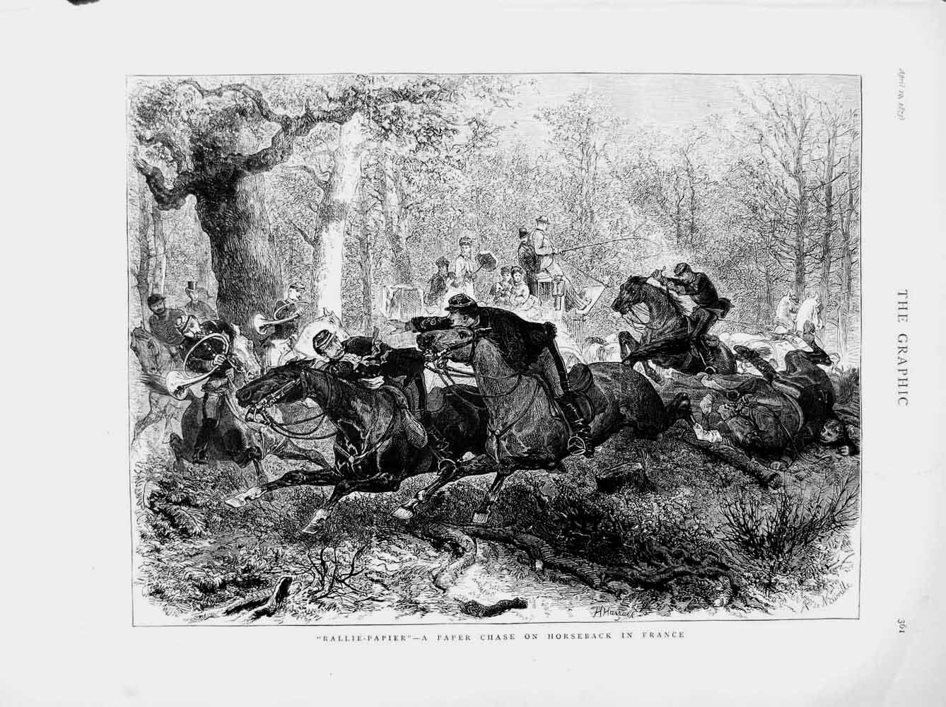Original Old Antique Print 1873 Rallie-Papier Paper Chase Horses France Sport