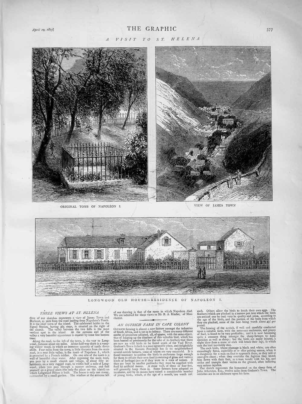 Old Antique Print 1873 St. Helena Tomb Napoleon James Town Longwood House 19th