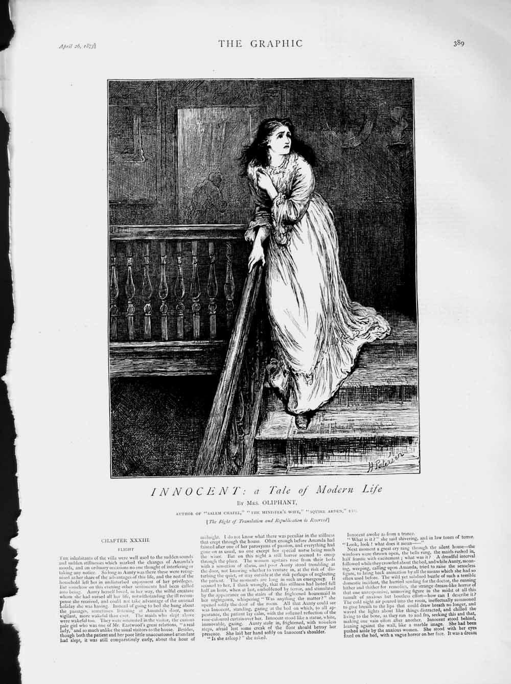 Original Old Antique Print 1873 Illustration Story Innocent Young Woman Stairs