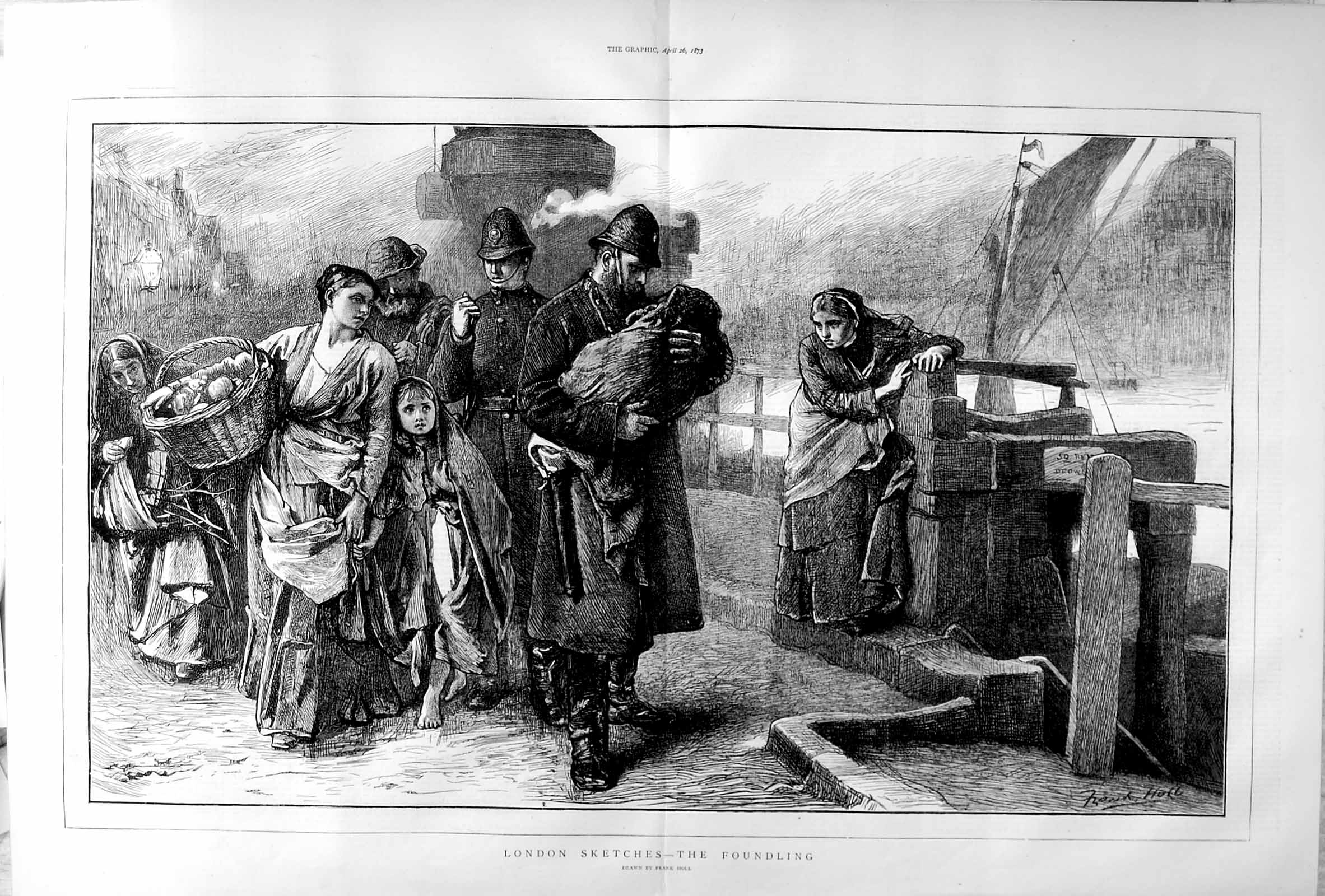 Old Antique Print 1873 London Scene Baby Policeman Children River Bridge 19th