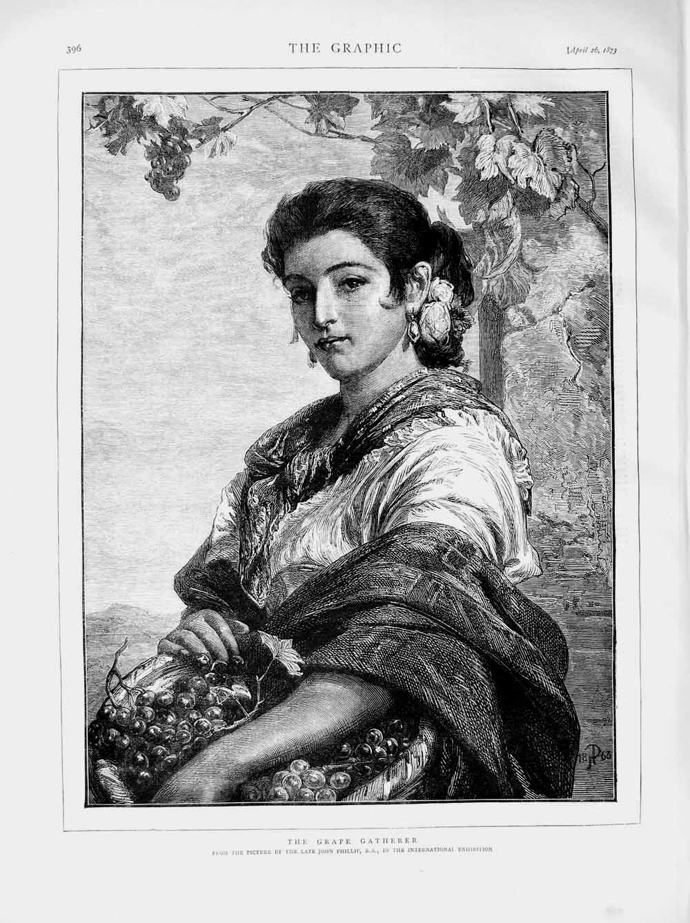 Original Old Antique Print 1873 John Phillip Portrait Grape Gatherer Fruit 19th