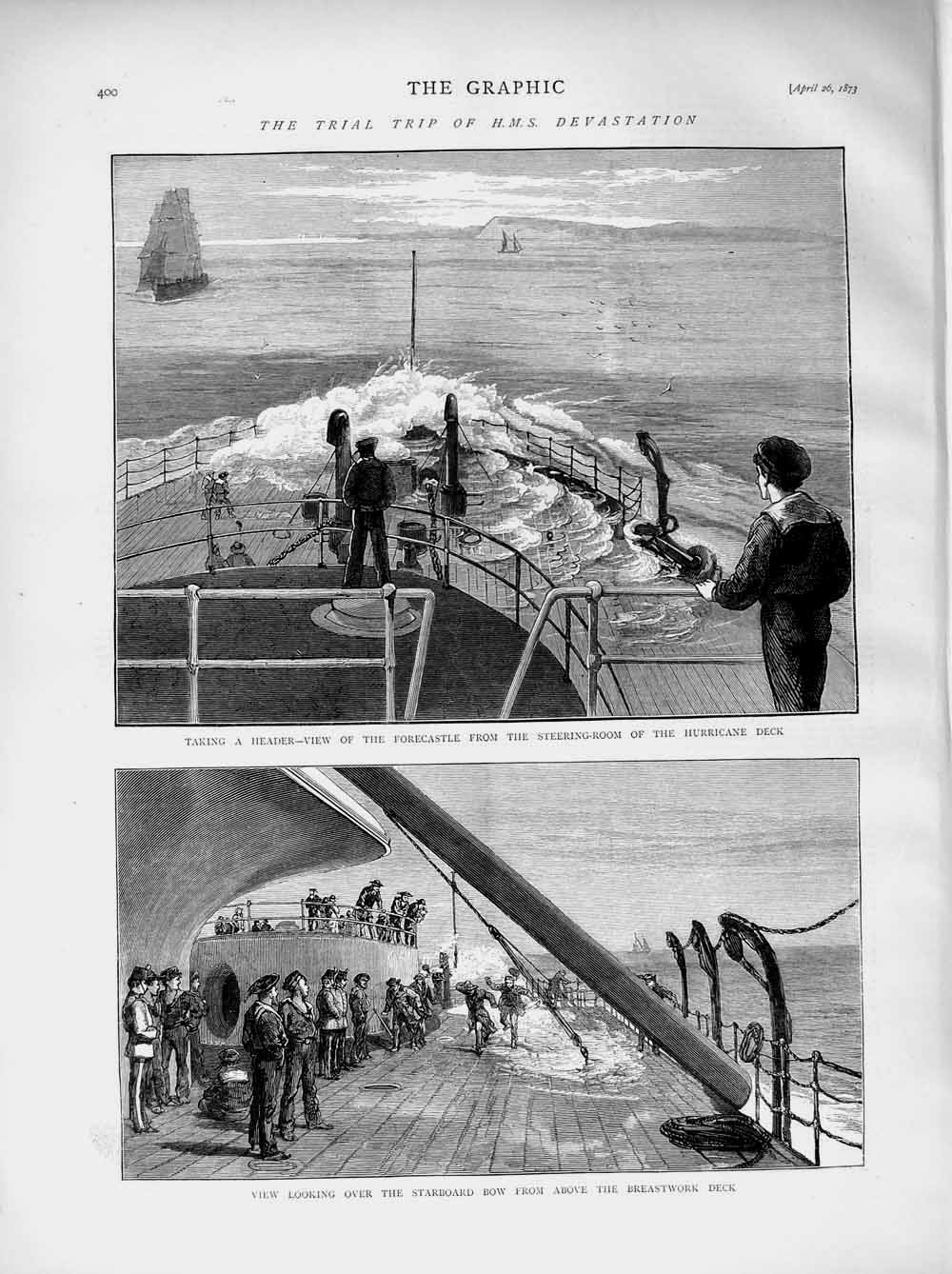 Old Antique Print 1873 Ship H.M.S Devastation Forecastle Breastwork Deck 19th