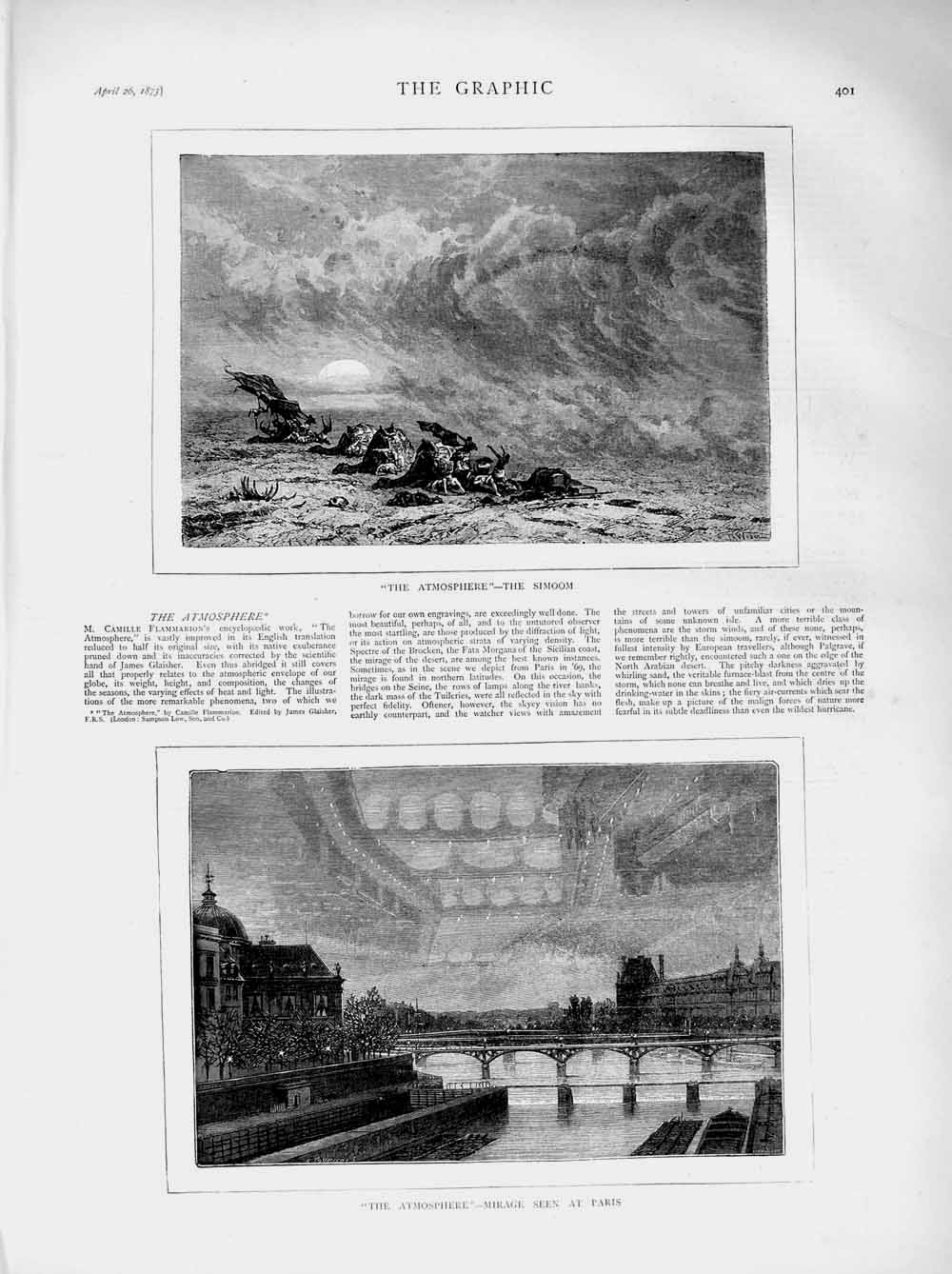Old Antique Print 1873 Atmosphere Simmom Mirage Paris France Bridge River 19th