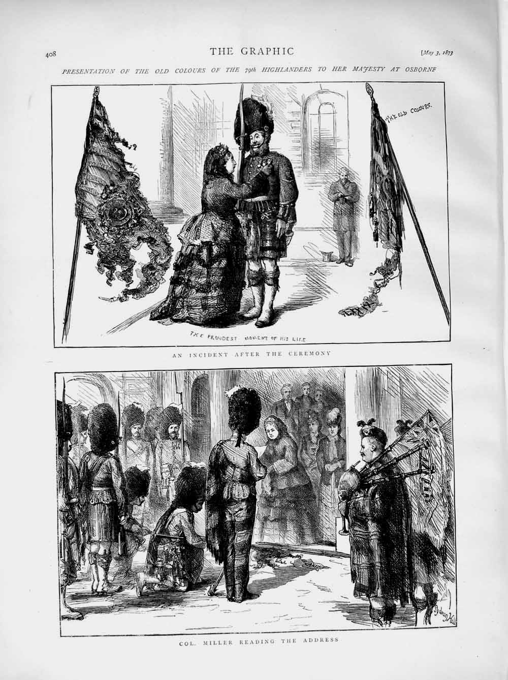 Original Old Antique Print 1873 Siers Highlanders Queen Osborne Miller Scottish