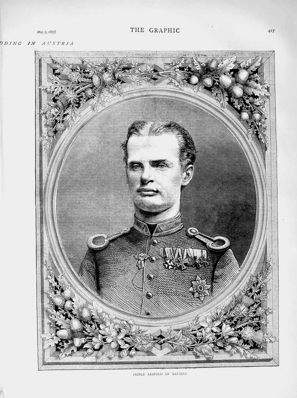 Original Old Antique Print 1873 Portrait Prince LeopBavaria Uniform Victorian