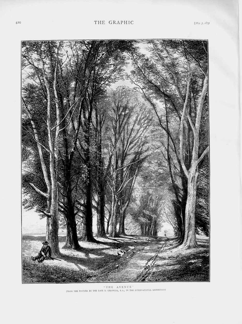 Old Antique Print 1873 Creswick Art International Exhibition Trees Avenue 19th