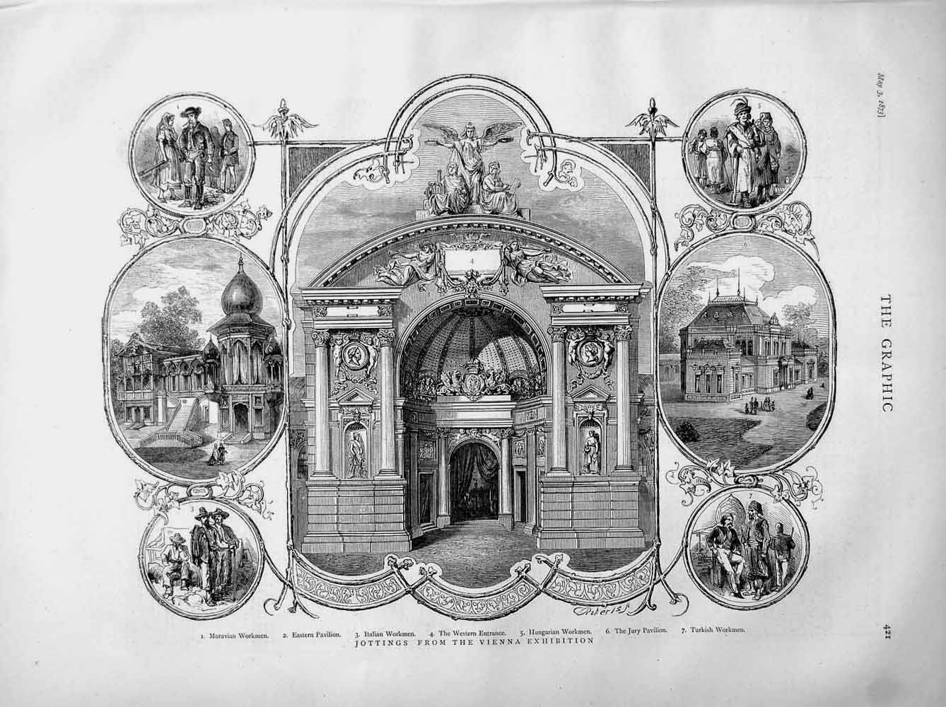 Old Antique Print 1873 Vienna Exhibition Pavilion Workmen Turkish Italian 19th