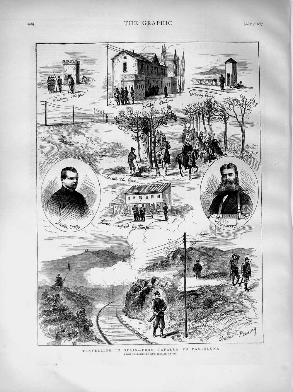 Old Antique Print 1873 Transport Spain Train Tafalla Pampeluna Cruz Army 19th
