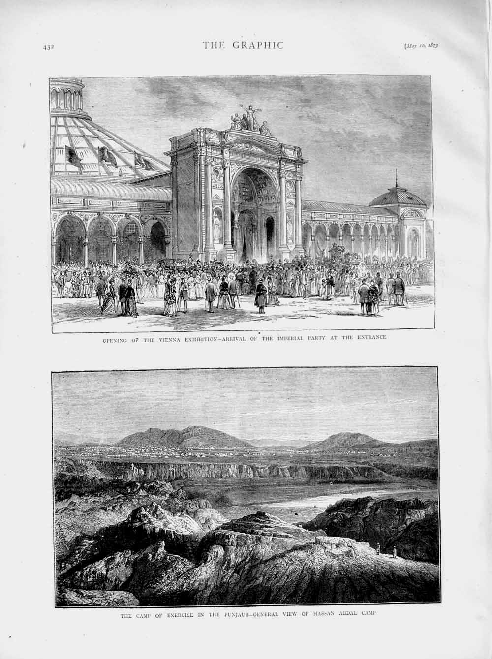 Original Old Antique Print 1873 Vienna Exhibition Camp Exercise Punjaub Hassan
