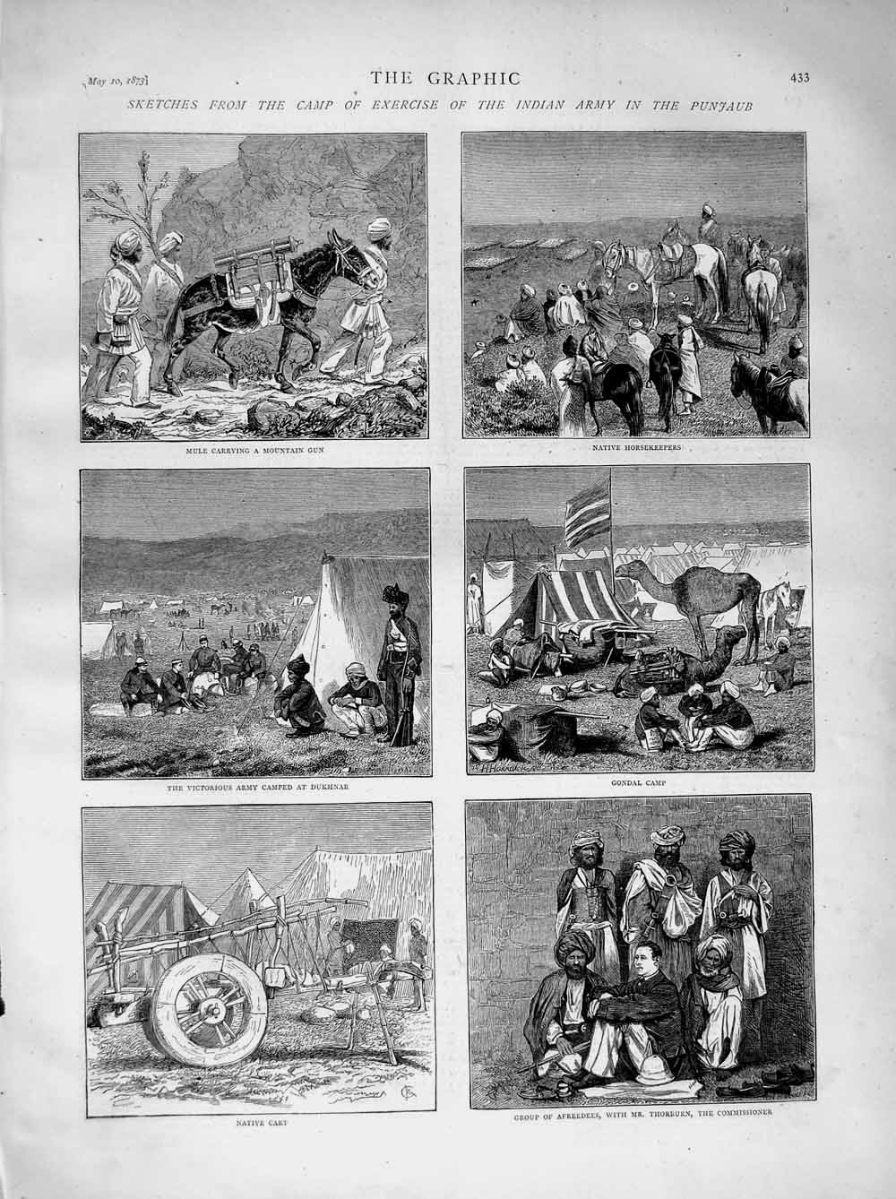 Old Antique Print 1873 Indian Army Camp Punjaub Afreedees Dukhnar Gondal 19th