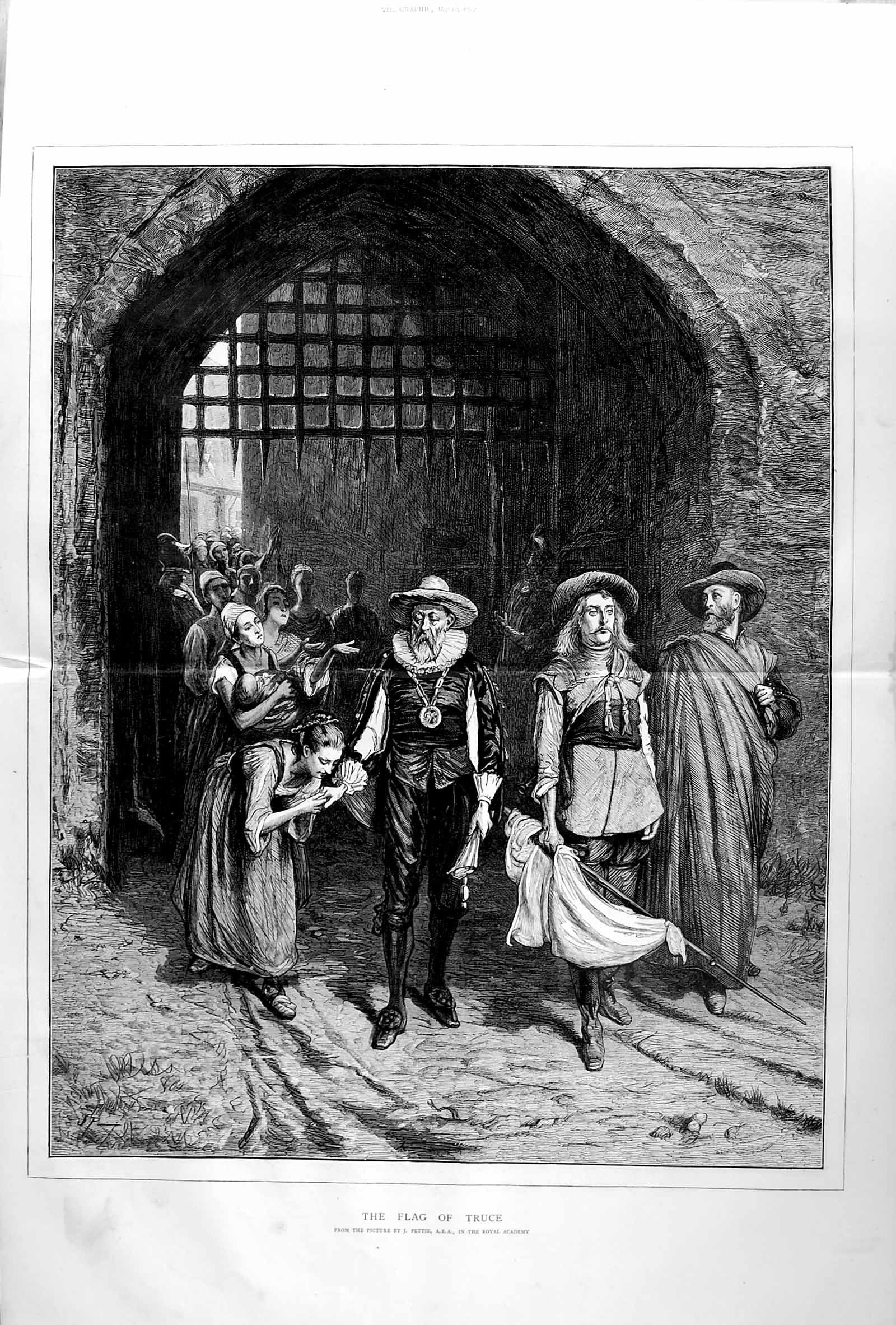 Antique Old Print 1873 Flag Truce People Gate Bridge Royal Academy Pettie 19th