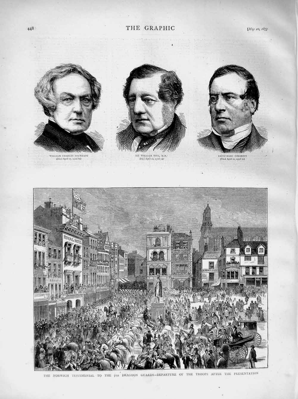 Old Antique Print 1873 Norwich Testimonial Dragoon Guards Macready Tite 19th