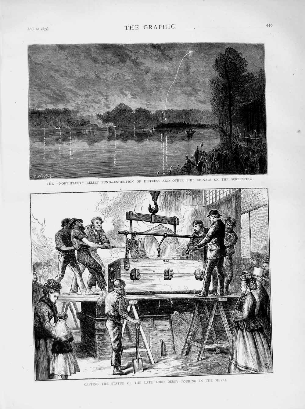 Original Old Antique Print 1873 Statue Lord Derby Casting Metal Ship Serpentine