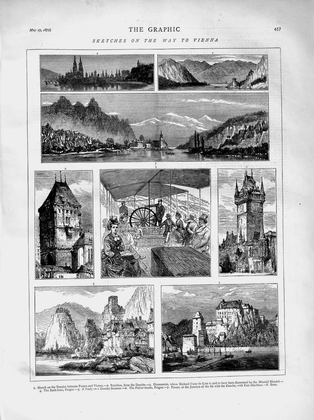 Original Old Antique Print 1873 Vienna Danube Passau Prague Fort Oberhaus Enns