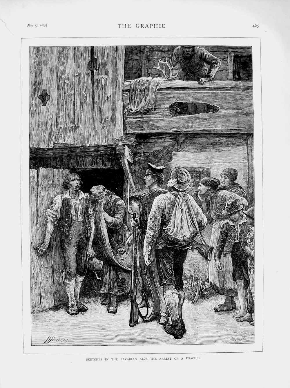 Original Old Antique Print 1873 Bavarian Alps Scene Arrest Poacher Victorian