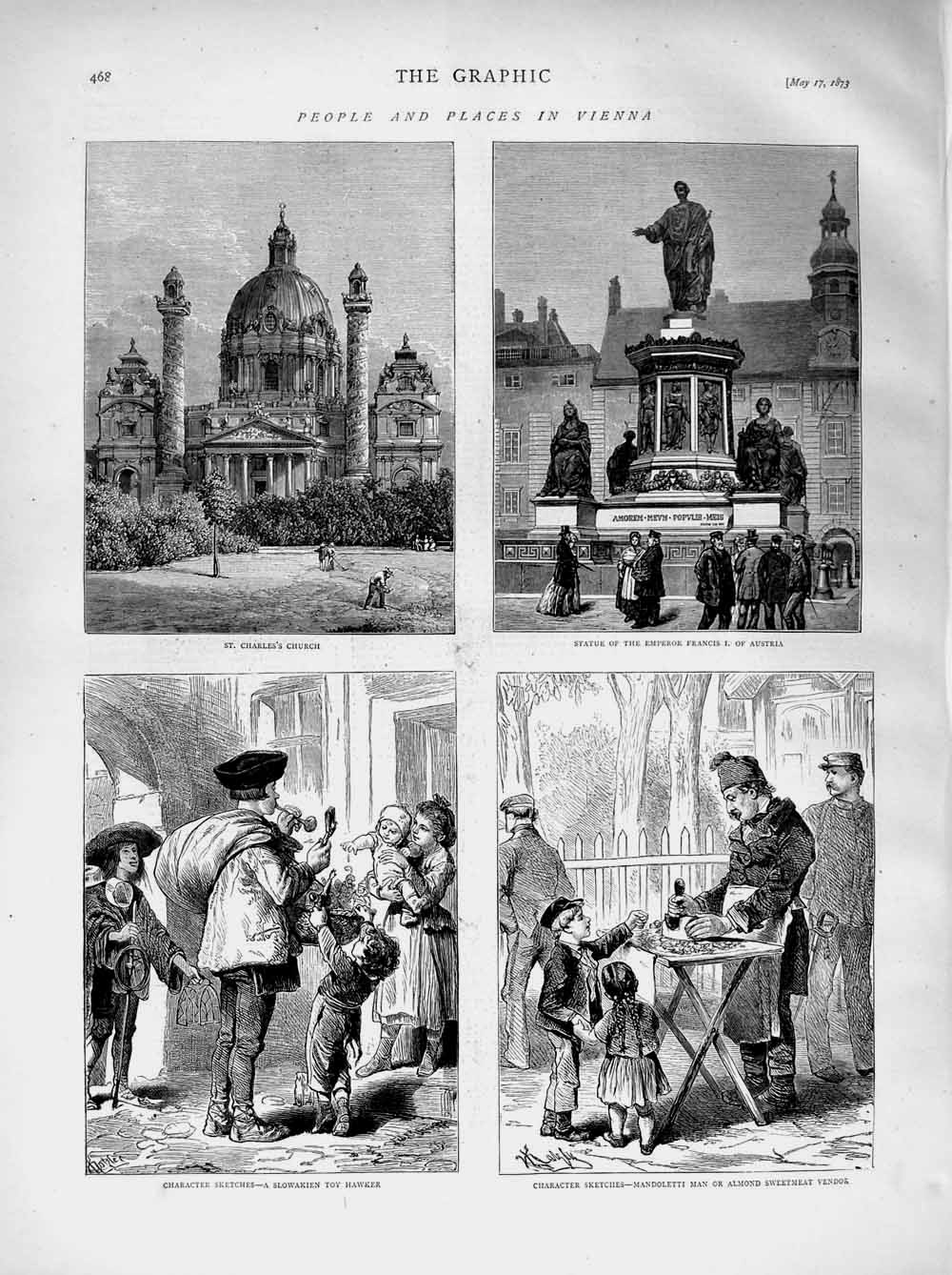Old Antique Print 1873 Vienna Charle'S Church Statue Austria Mandoletti 19th