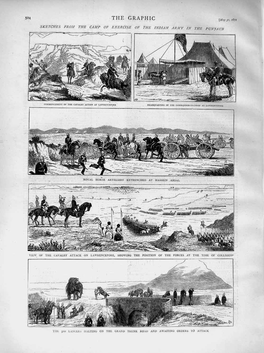 Old Antique Print 1873 Camp Exercise Indian Army Punjaub Lancers Hassein 19th