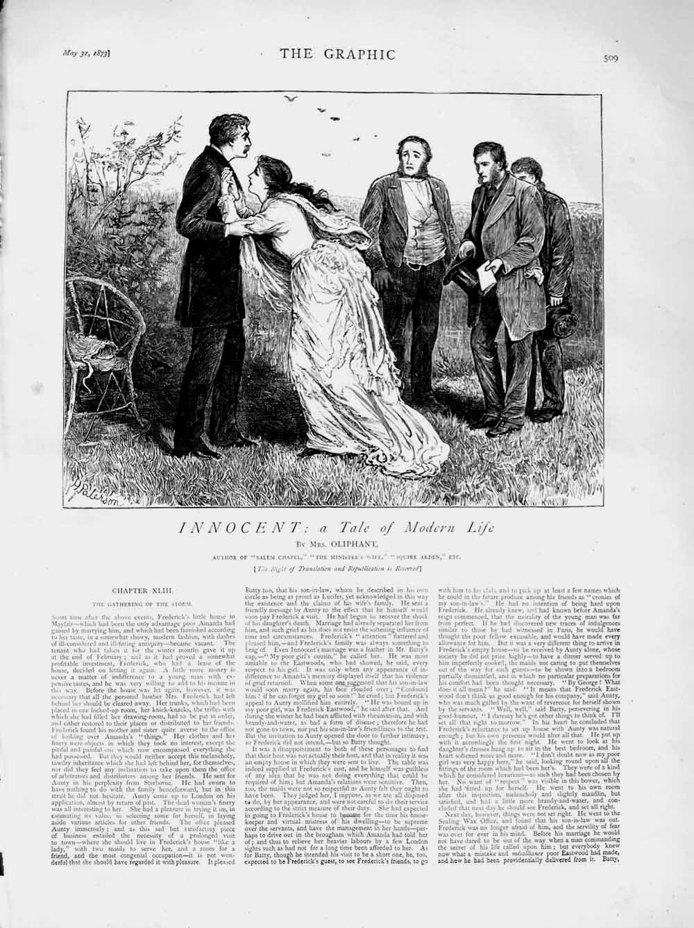 Original Old Antique Print 1873 Illustration Story Innocent Men Lady Country
