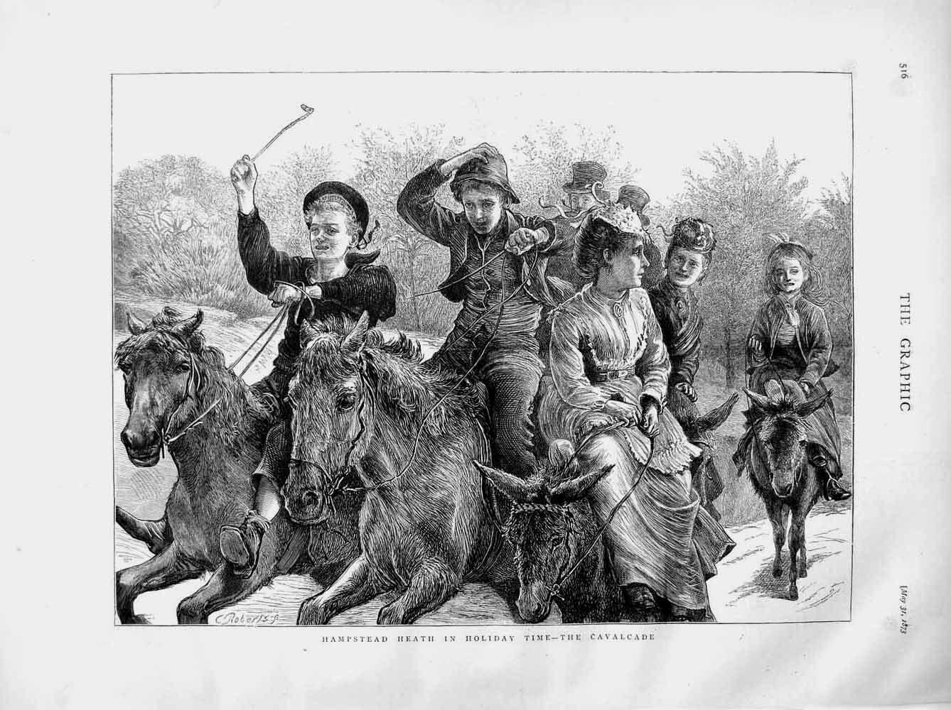 Original Old Antique Print 1873 Hampstead Heath Holiday Time Cavalcade Horses
