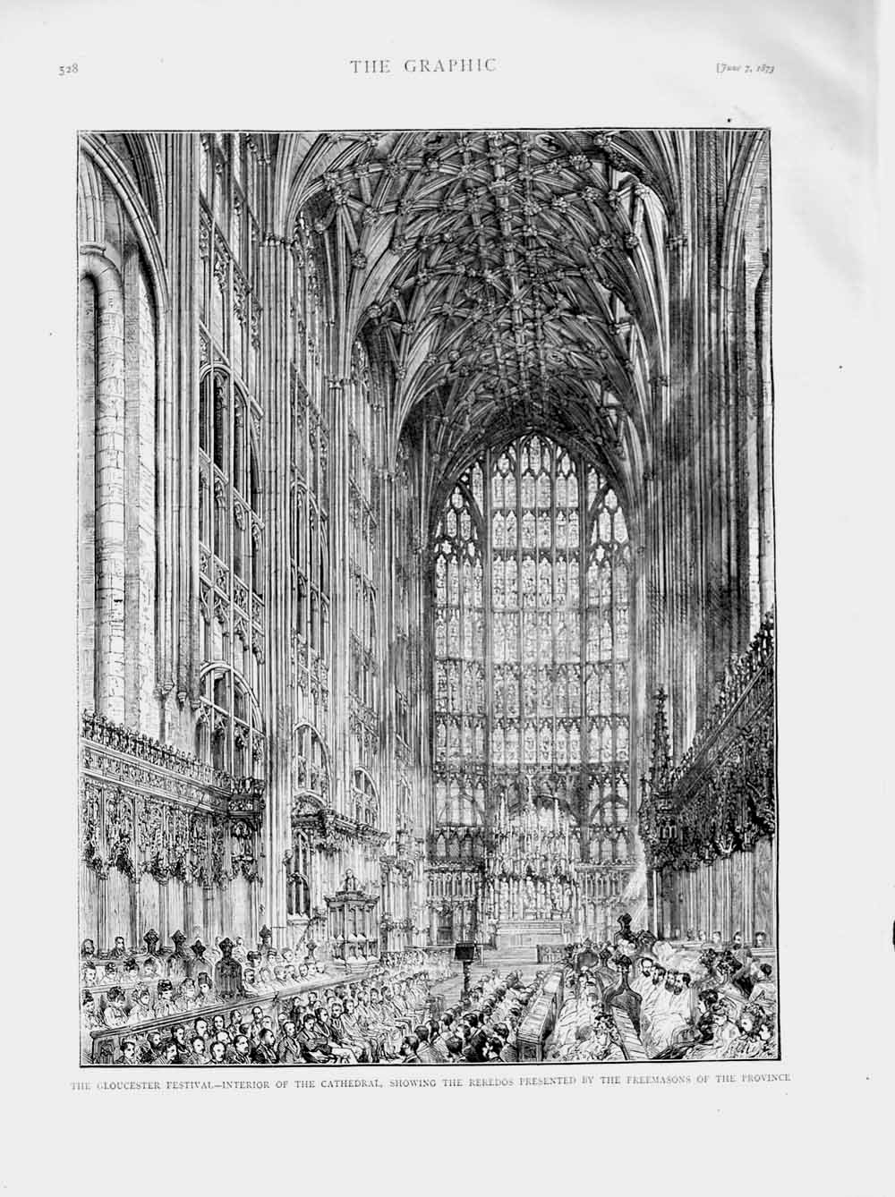 Old Antique Print 1873 Gloucester Festival Cathedral Reredos Freemasons 19th