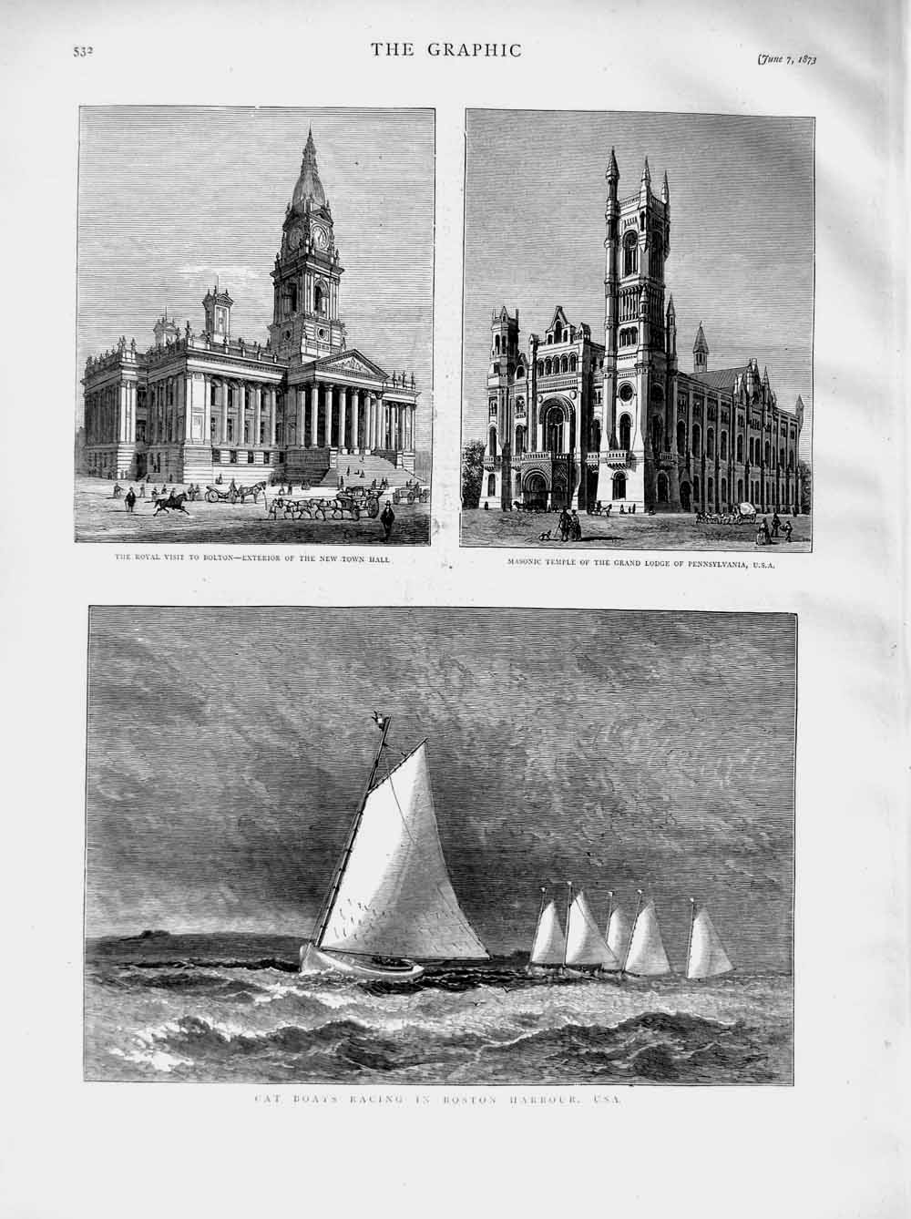 Old Antique Print 1873 Boats Boston Harbour Masonic Temple Pennsylvania 19th