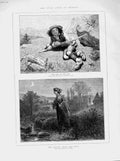 Original Old Antique Print 1873 Fine Art France Alps Mountains Boy Lady Stream