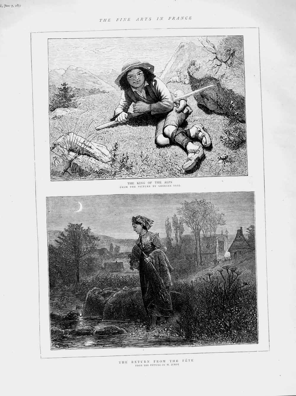 Original Old Antique Print 1873 Fine Art France Alps Mountains Boy Lady Stream