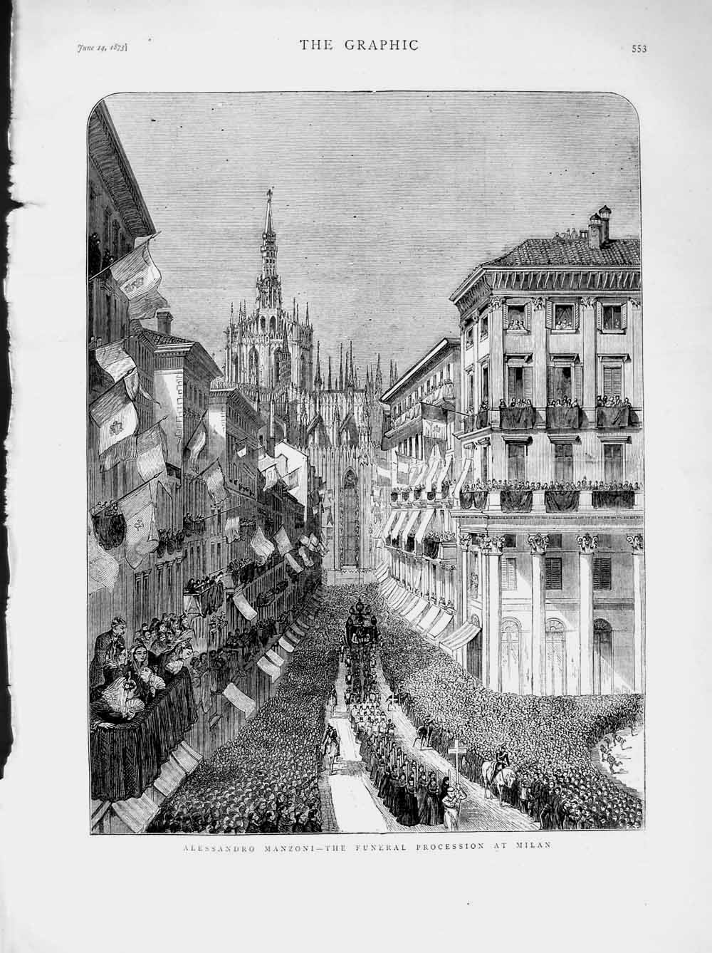 Old Antique Print 1873 Alessandro Manzoni Funeral Procession Milan Italy 19th