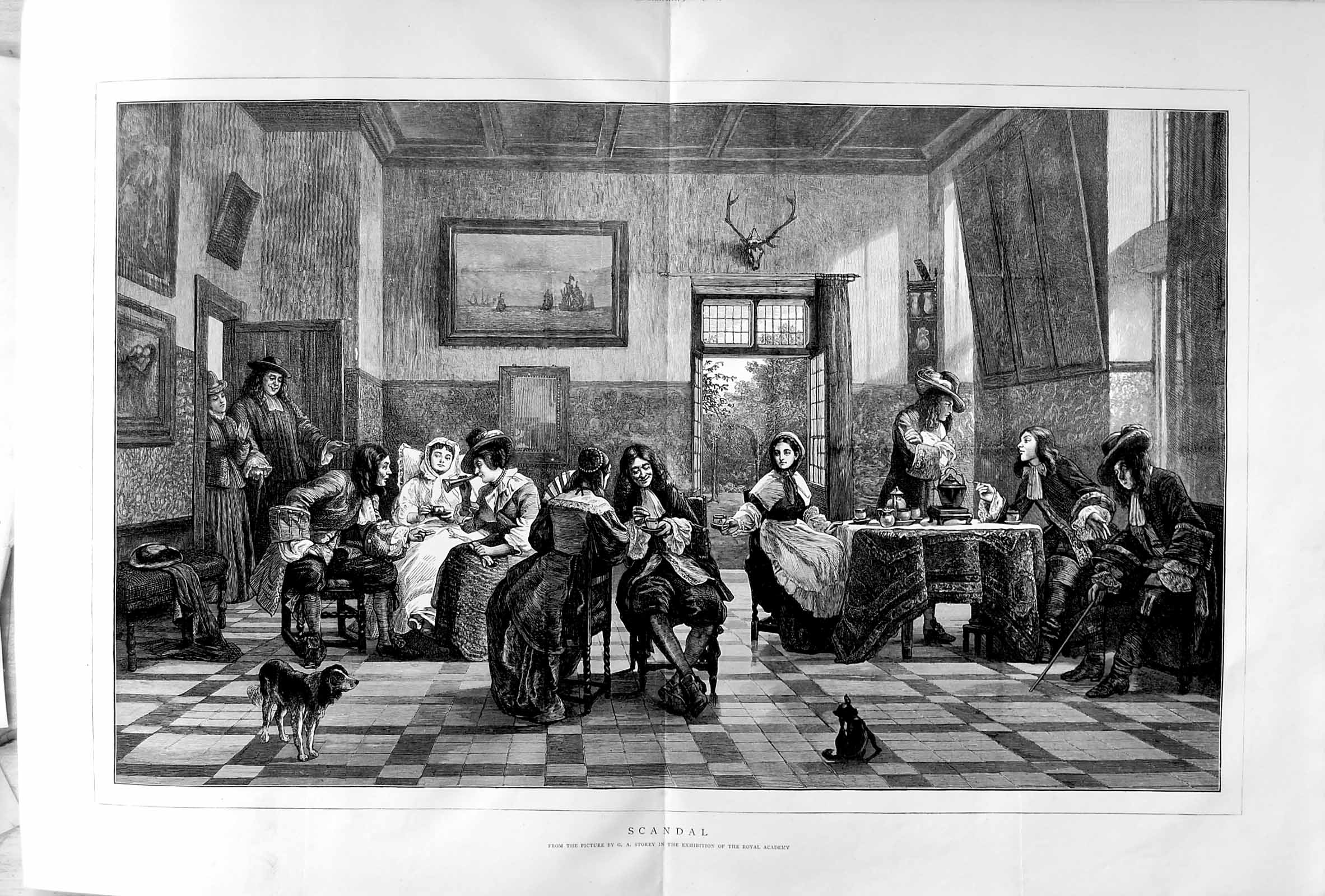 Original Old Antique Print 1873 Art Scandal Men Women Table House Dog Storey