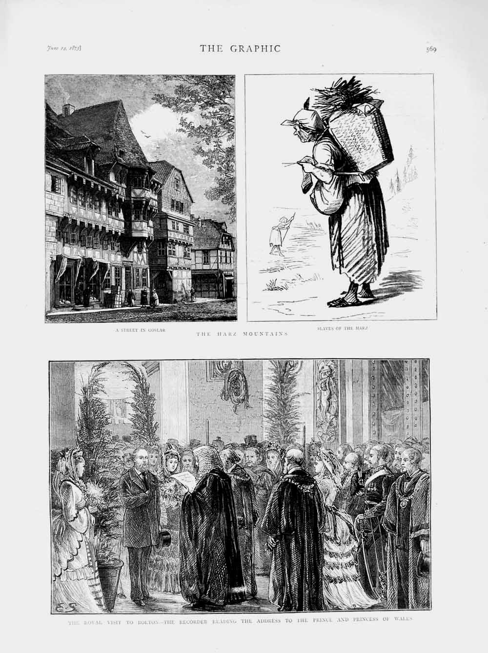 Old Antique Print 1873 Harz Mountains Slaves Goslar Prince Wales Bolton 19th