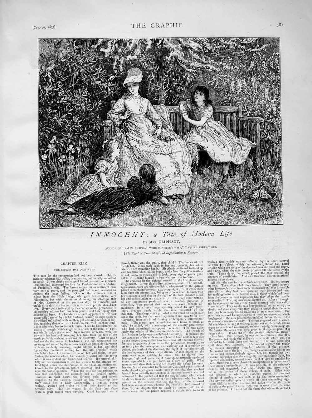 Original Old Antique Print 1873 Illustration Story Innocent Garden Family Scene