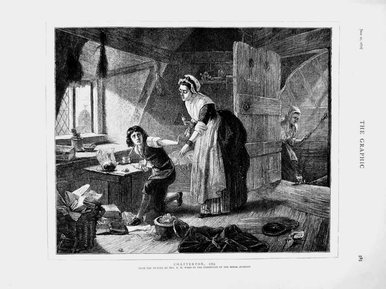 Original Old Antique Print 1873 Scene House Chatterton Little Boy Woman 19th