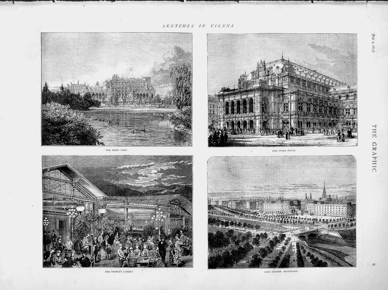 Original Old Antique Print 1873 Vienna Ring Strasse Boulevard Opera House Park