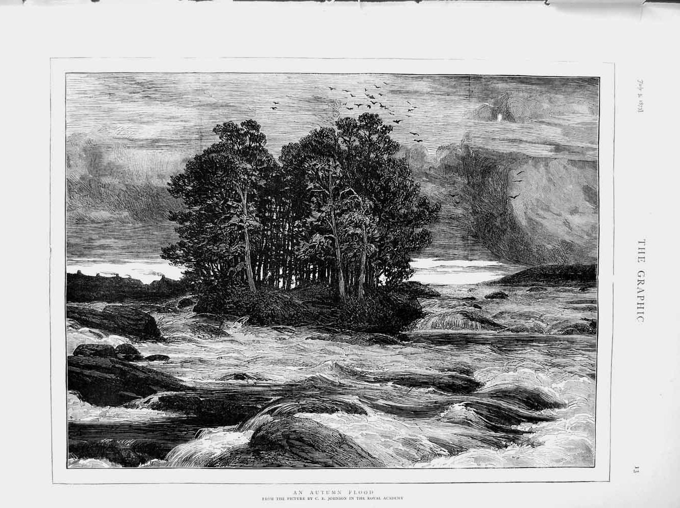 Original Old Antique Print 1873 Autumn Flood River Countryside Trees Fine Art