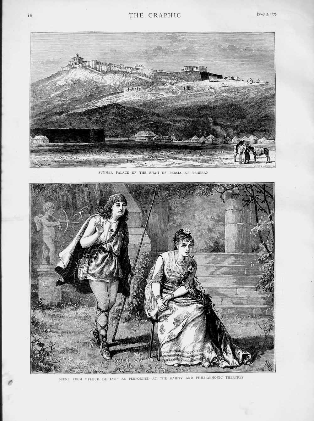 Old Antique Print 1873 Summer Palace Shah Persia Teheran Theatre Gaiety 19th
