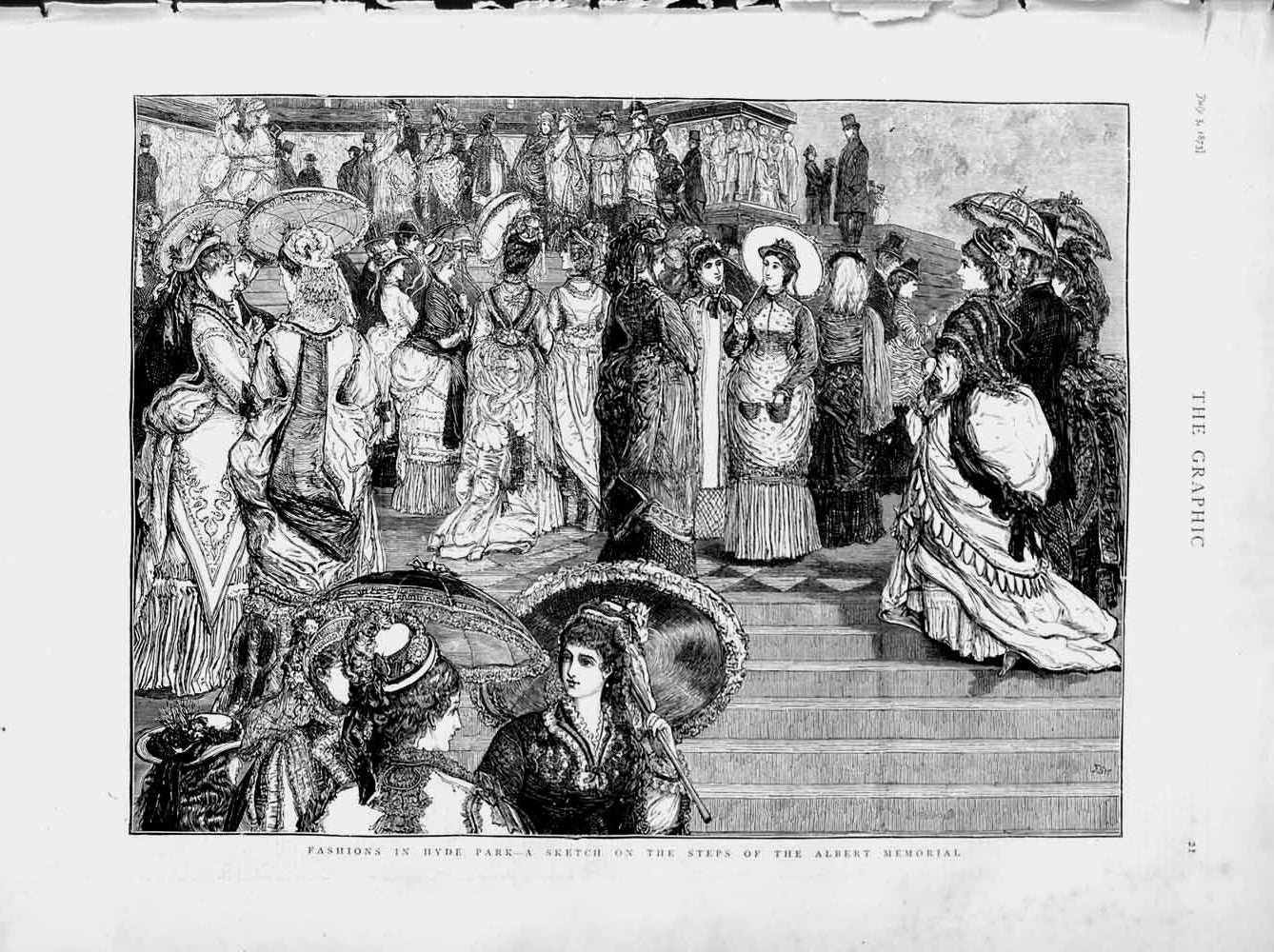 Original Old Antique Print 1873 Albert Memorial Hyde Park Ladies Fashion London