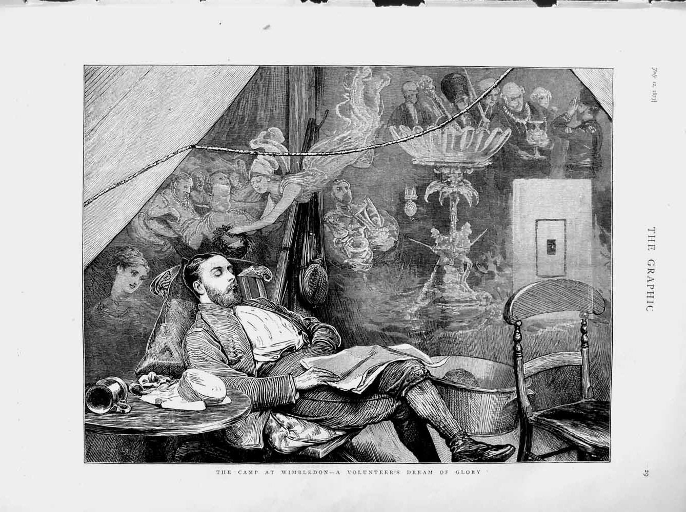 Old Antique Print 1873 Rifle Shooting Camp Wimbledon Volunteer Man Sleep 19th