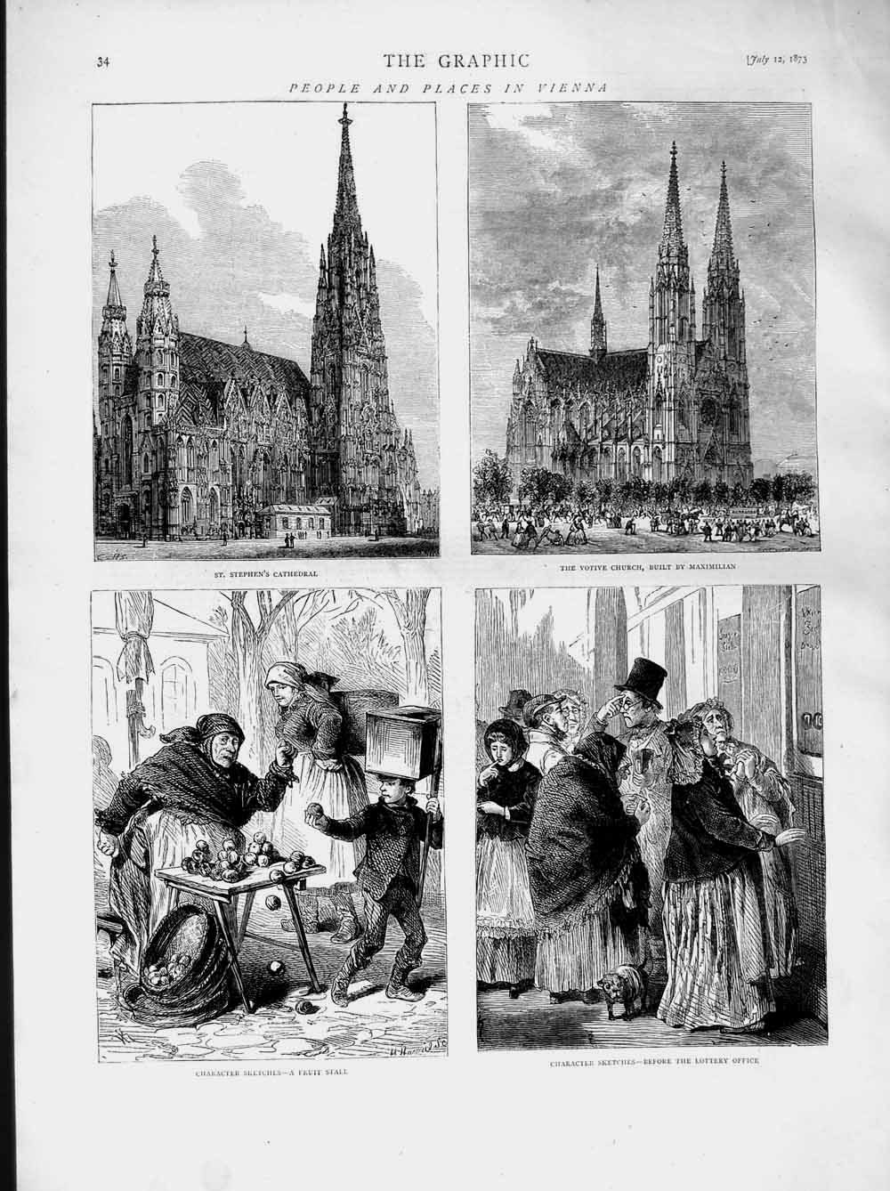 Old Antique Print 1873 Vienna Cathedral Votive Church Fruit Stall Lottery 19th