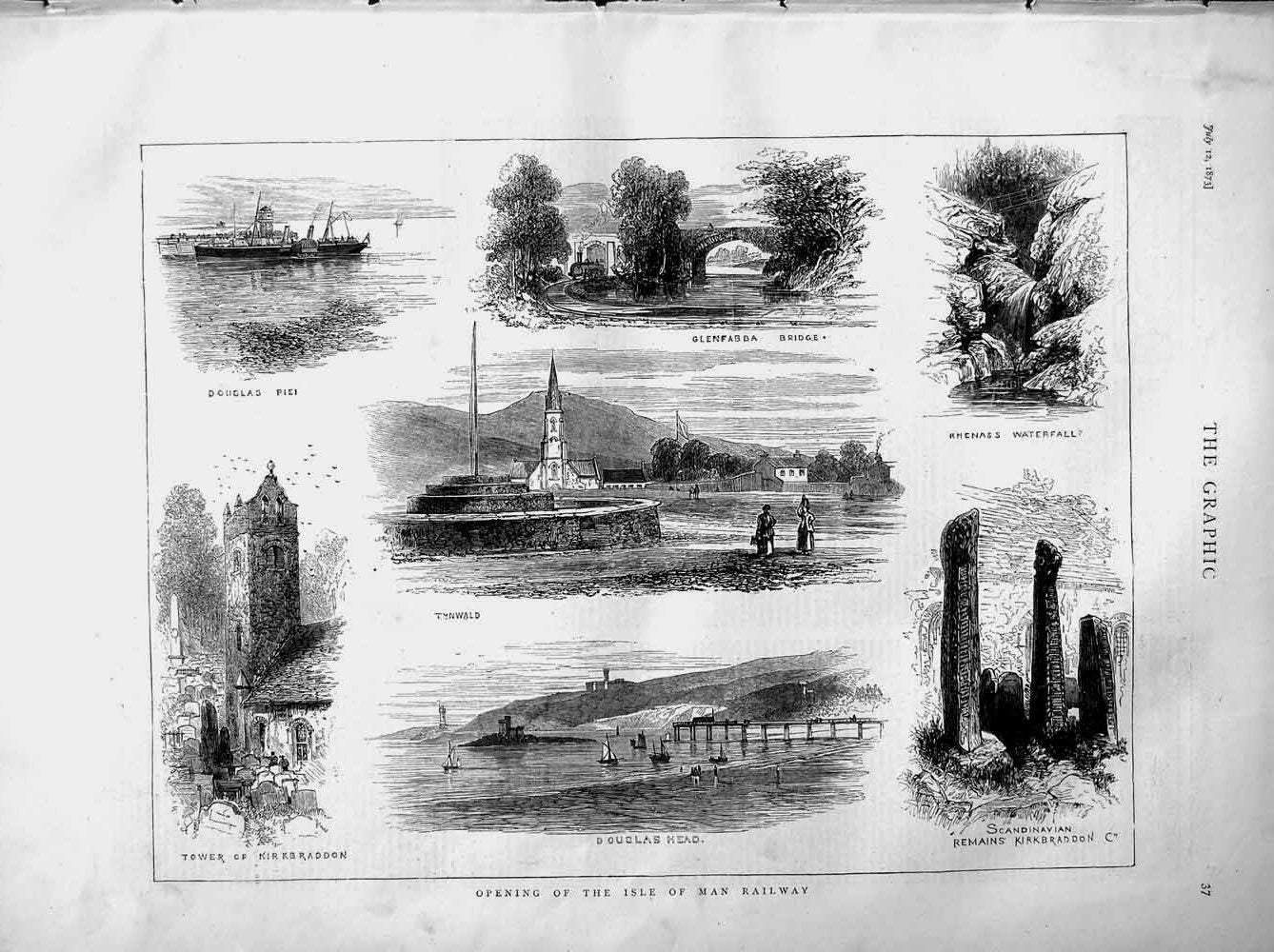 Original Old Antique Print 1873 Isle Man Douglas Pier Glenfabba Kirkbraddon